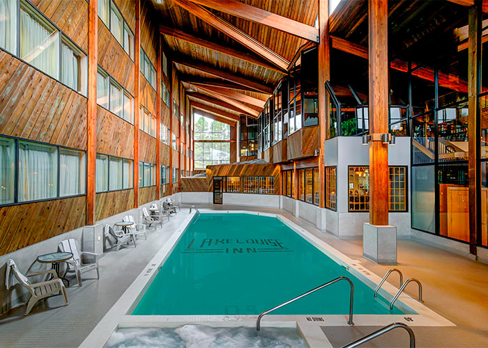 The Lake Louise interior pool and hot tub with large windows for ample natural light