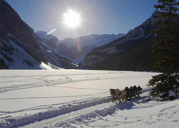 horse drawn carriage on path next to Lake Louise on sunny winter day, people walking on lake