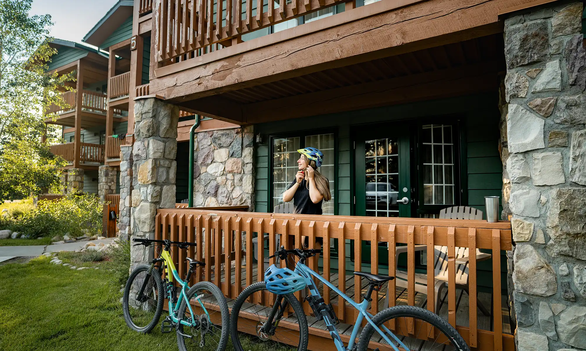getting ready for a bike ride on patio at Lake Louise Inn